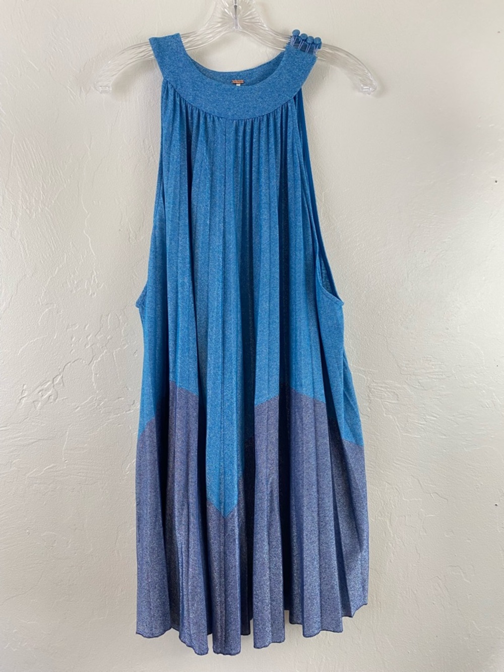 Free People Small Blue Shimmer Color block Pleaded High Neck Flowy Midi Dress